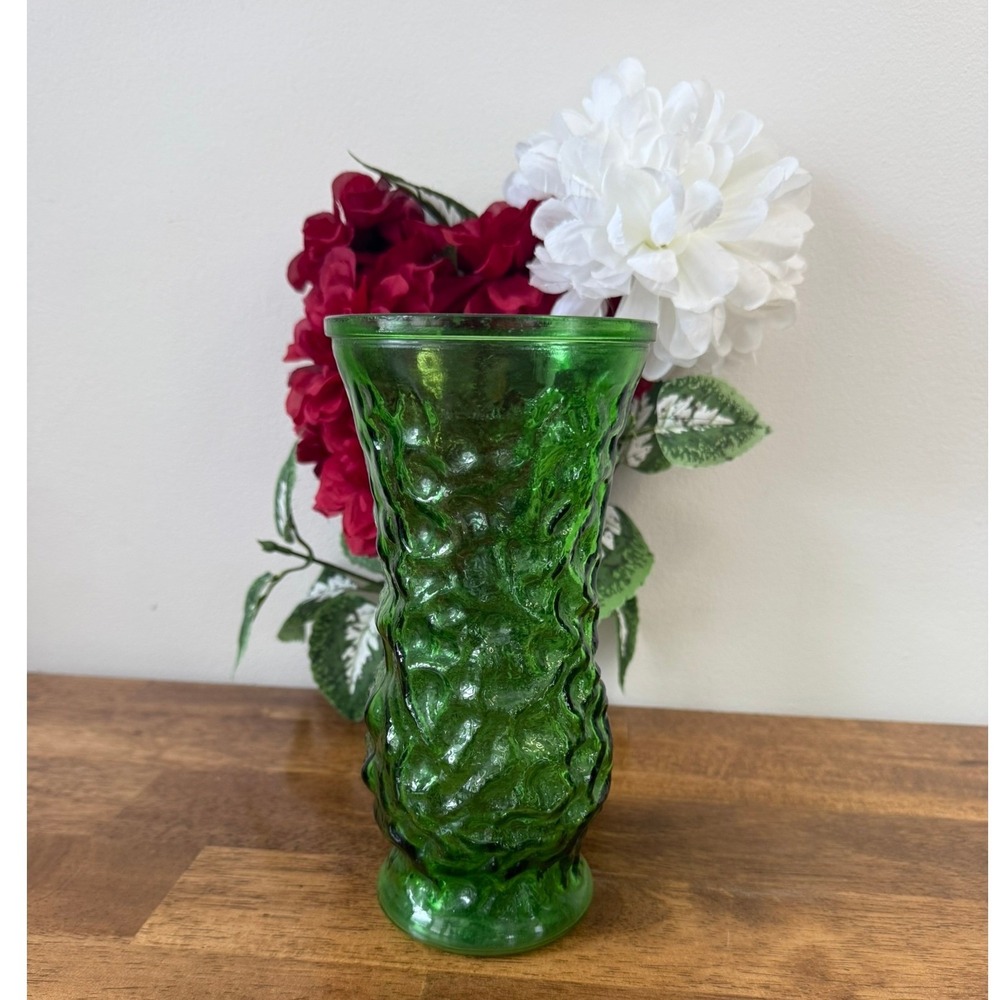 Vintage Hoosier Glass Emerald Green Textured Vase Mid Century Modern Art Glass
